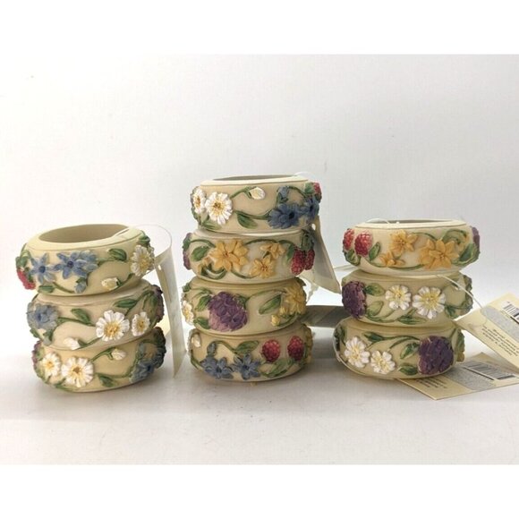 Linens N Things Napkin Rings Garden Herb Set of 10 Flowers Floral NWT Vintage - Picture 1 of 6